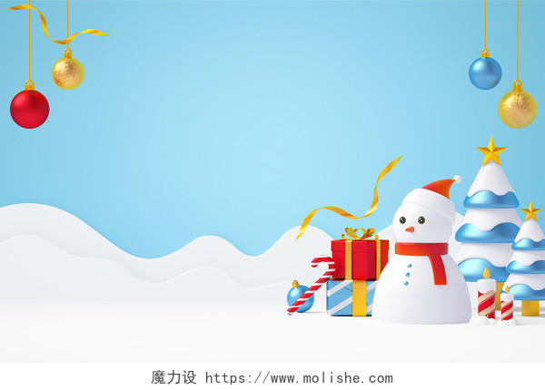 蓝色卡通3D立体圣诞节雪人礼包背景平安夜圣诞节